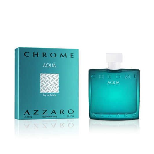 Perfumes Azzaro Chrome Aqua para hombre, fragancia masculina EDT de 100 ml, original, frasco y caja Azul turquesa.