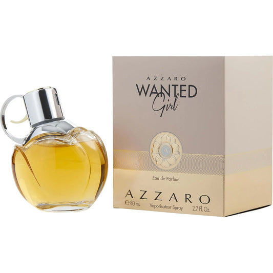 Perfume Azzaro Wanted Girl para mujer, fragancia femenina EDP de 80 ml, original, frasco amarillo, caja dorada y gris.