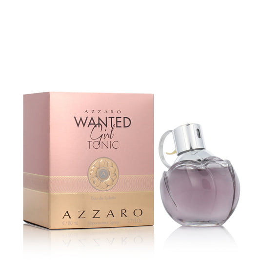 Perfume Azzaro Wanted Girl Tonic para mujer, fragancia femenina EDT de 80 ml, original, frasco gris transparente, caja rosada y dorada.