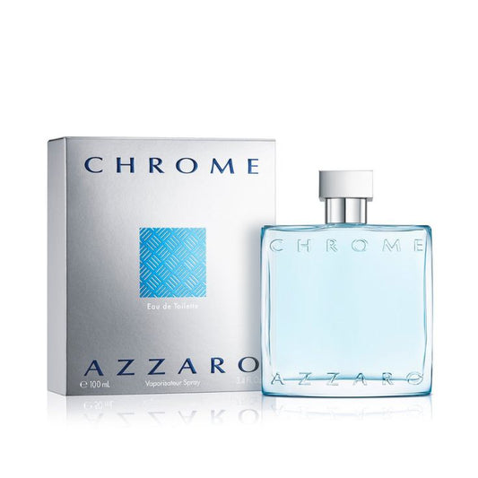 Perfume Azzaro Chrome para hombre, fragancia masculina EDT de 100 ml, original, frasco azul y caja plateada.