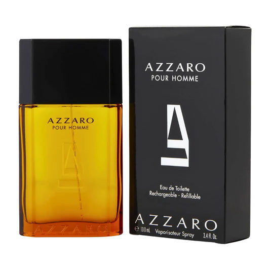 Perfume Azzaro Pour Homme para hombre, fragancia masculina EDT de 100 ml, Caja negra y frasco negro y amarillo.