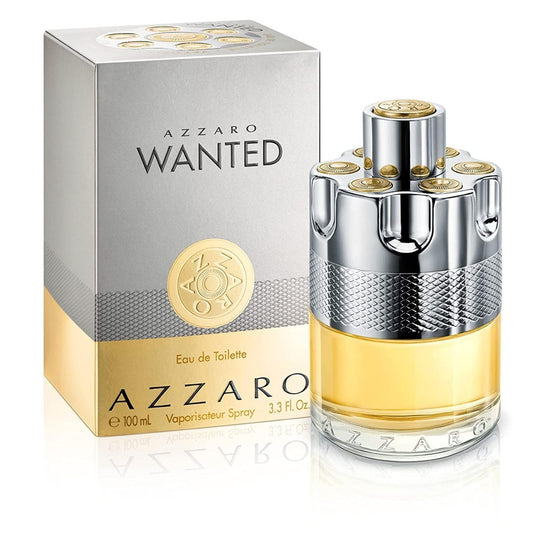 Perfume Azzaro Wanted para hombre, fragancia masculina EDT de 100 ml, original, frasco plateado y amarillo, caja gris y dorada.